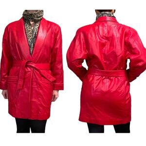 Vintage 80s Wilson Red Leather Jacket Size Small Boxy Belted